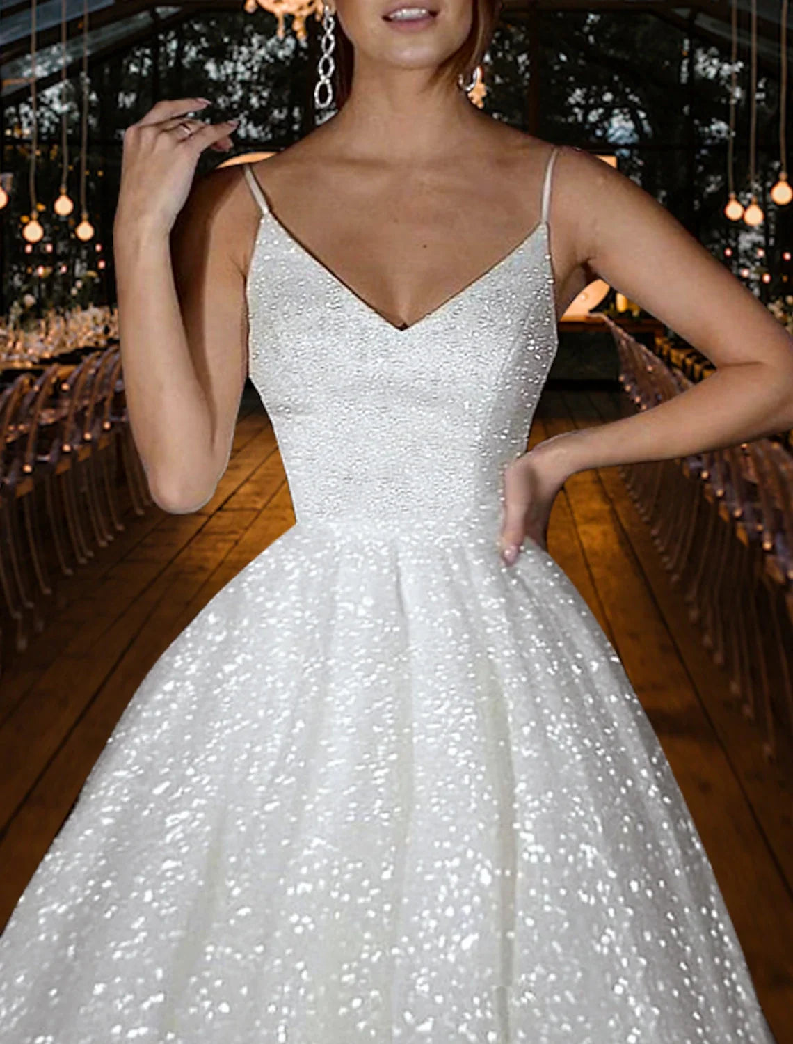 Hall Sparkle & Shine Casual Wedding Dresses A-Line Camisole V Neck Spaghetti Strap Sweep / Brush Train Sequined Bridal Gowns With Solid Color Summer Fall Wedding Party 2026, Women's Clothing