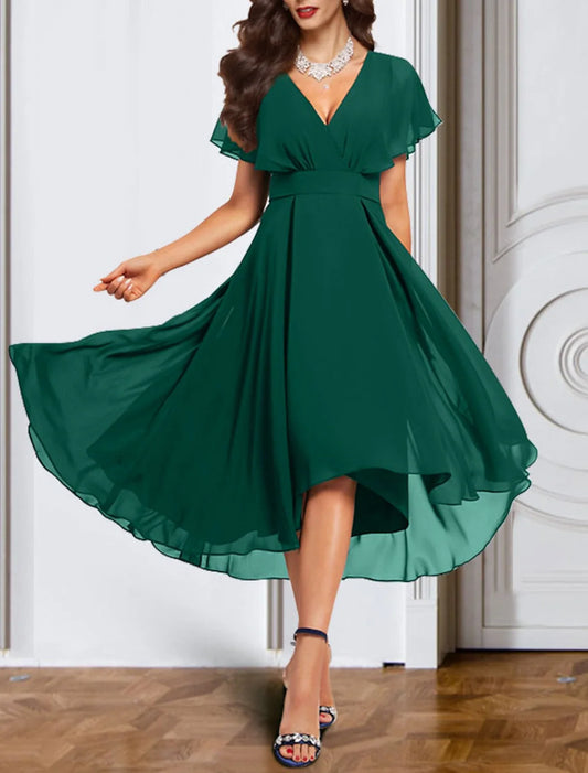 A-Line Cocktail Dresses Empire Dress Party Wear Wedding Guest Ankle Length Short Sleeve V Neck Fall Wedding Guest Chiffon with Pure Color Strappy 2026