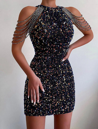 Women's Sequin Sparkly Bodycon Mini Black Sleeveless Tassel Beads Crew Neck Hot Elegant Homecoming Dress