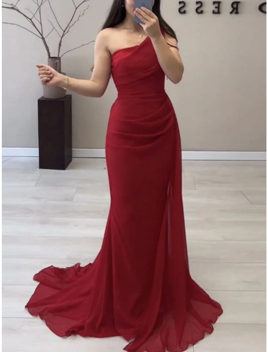 A-Line Evening Gown Elegant Dress Formal Sweep / Brush Train Christmas Red Green Dress Sleeveless One Shoulder Chiffon with Pleats Ruched