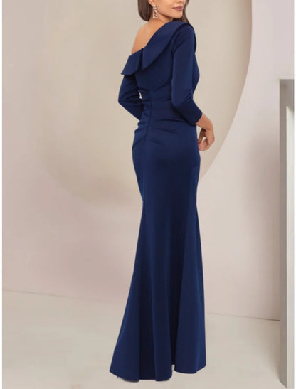 A-Line Mother of the Bride Dress Wedding Guest Elegant Party Off Shoulder Floor Length Fabric Long Sleeve with Ruffles Ruching Solid Color