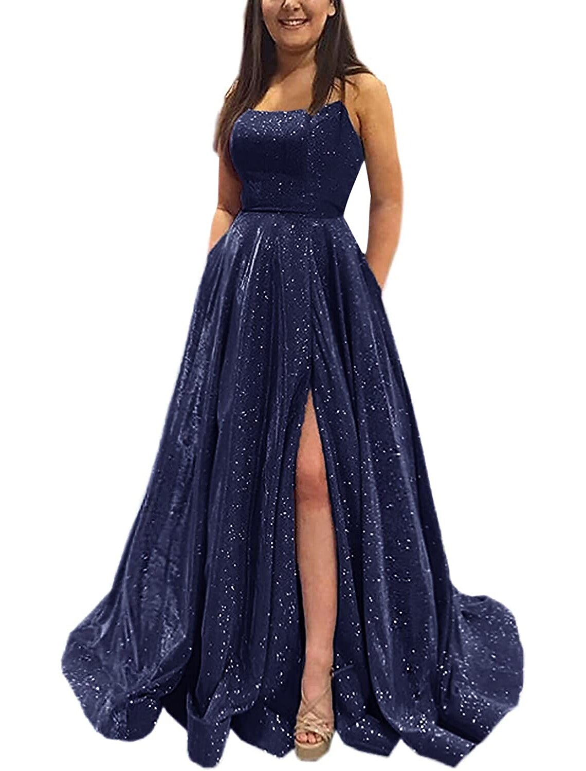 A-Line Prom Dresses Sparkle & Shine Dress Formal Prom Floor Length Sleeveless Strapless Pocket Satin Backless with Slit Pocket
