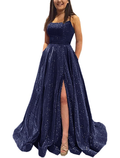 A-Line Prom Dresses Sparkle & Shine Dress Formal Prom Floor Length Sleeveless Strapless Pocket Satin Backless with Slit Pocket