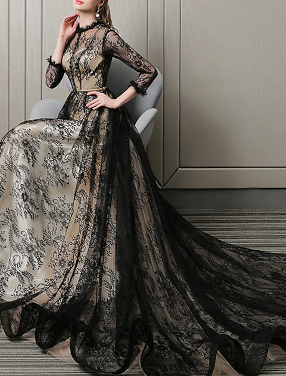 A-Line Evening Gown Cut Out Dress Wedding Guest Formal Evening Sweep / Brush Train 3/4 Length Sleeve Jewel Neck Lace with Pattern / Print 2026