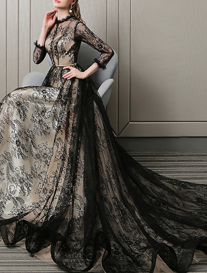 A-Line Evening Gown Cut Out Dress Wedding Guest Formal Evening Sweep / Brush Train 3/4 Length Sleeve Jewel Neck Lace with Pattern / Print 2026