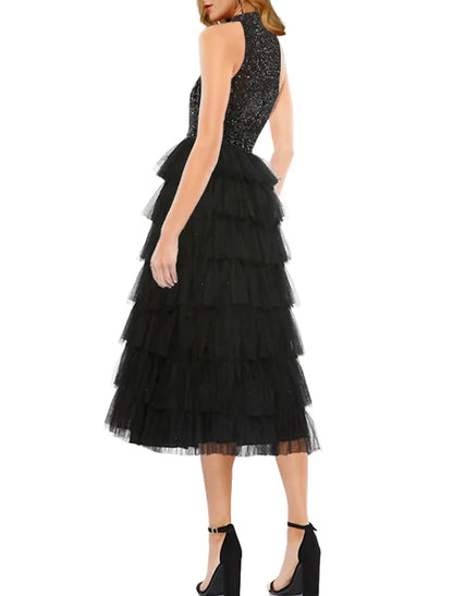 A-Line Cocktail Dresses Sparkle & Shine Dress Wedding Guest Semi Formal Tea Length Sleeveless High Neck Tulle with Sequin 2026