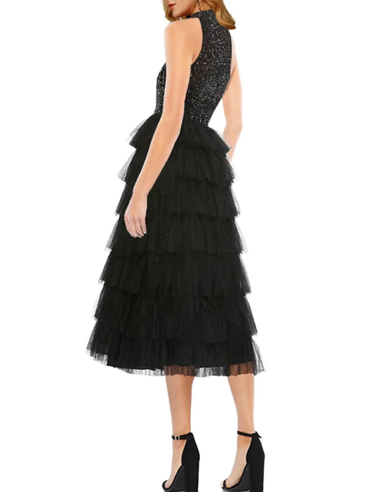 A-Line Cocktail Dresses Sparkle & Shine Dress Wedding Guest Semi Formal Tea Length Sleeveless High Neck Tulle with Sequin 2026