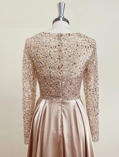 Mermaid Sequin Evening Gown Ruched Satin Dress Long Sleeves Floor Length Sparkle Illusion Neck Fall Wedding Guest Dress with Pearls Overskirt