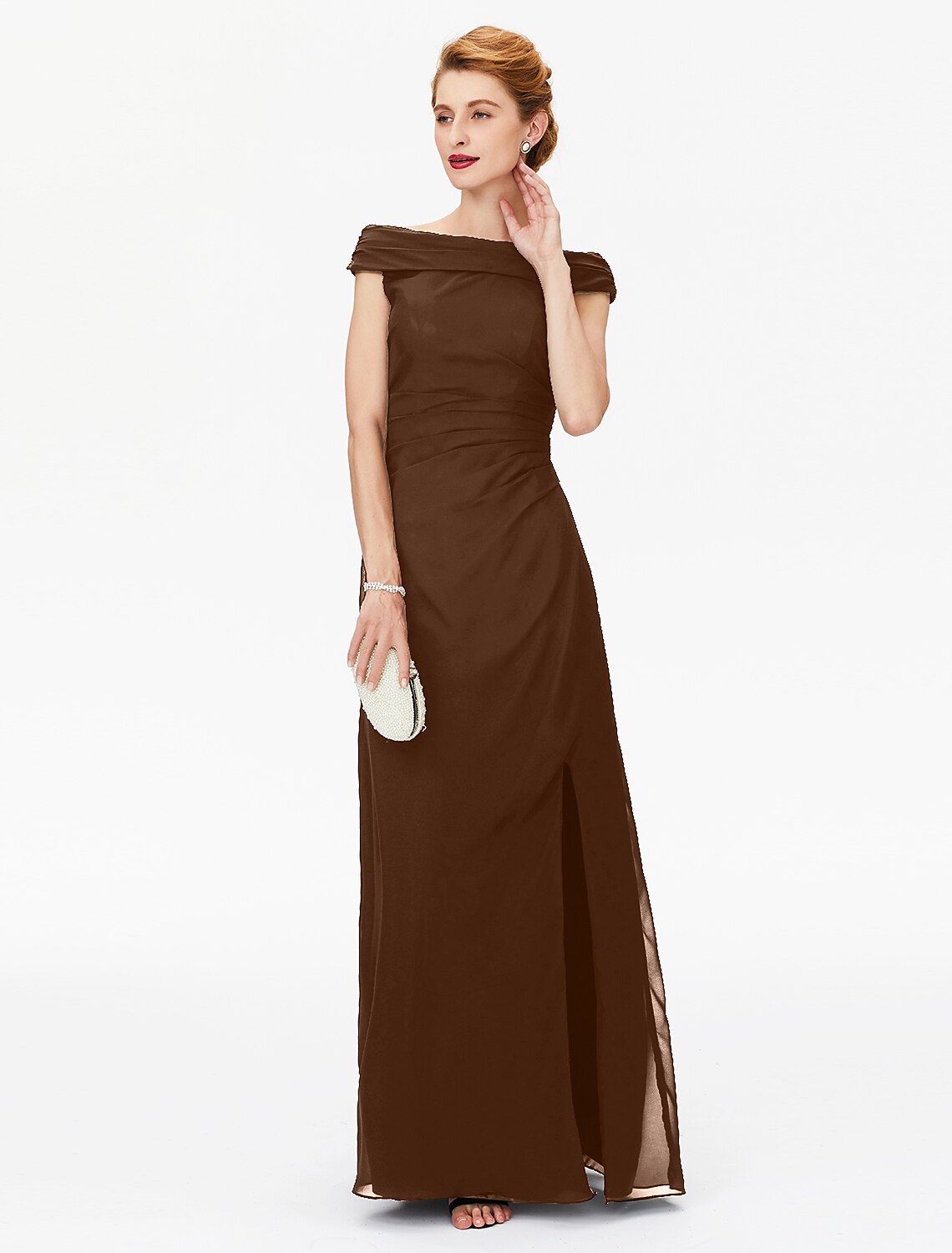 Sheath / Column Mother of the Bride Dress Furcal Off Shoulder Floor Length Chiffon Short Sleeve No with Pleats Split Front