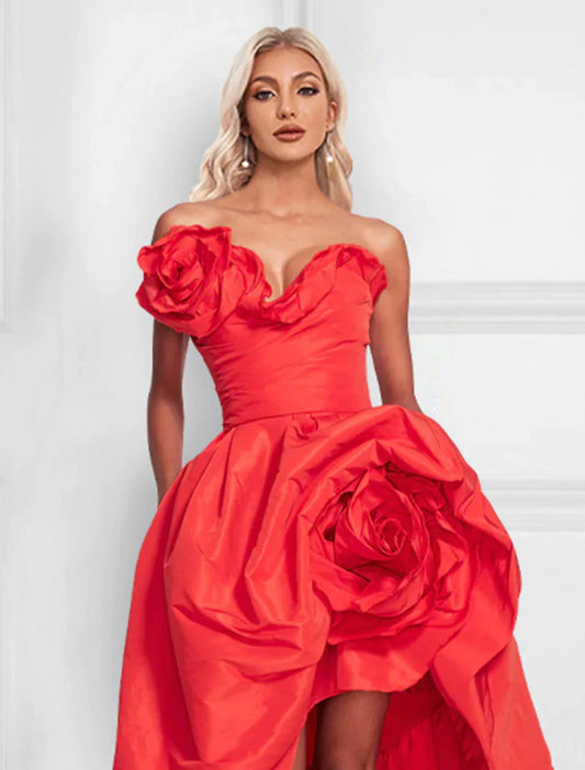 A-Line Cocktail Dress Christmas Red Green Dresses Celebrity Style Dress Party Wear Wedding Party Asymmetrical Sleeveless Strapless Satin with Shouder Flower