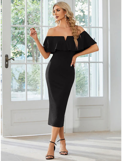 Sheath / Column Wedding Guest Dresses Minimalist Dress Party Wear Wedding Party Tea Length Short Sleeve Off Shoulder Bridesmaid Dress Fabric with Slit Pure Color