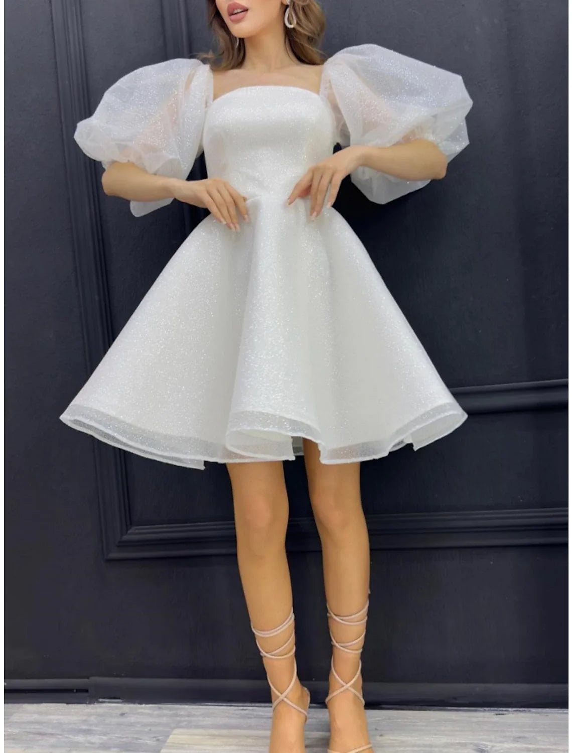 A-Line Sparkle Half Sleeve Square Neck Sequined with Glitter Pleats Short/Mini Homecoming Dresses