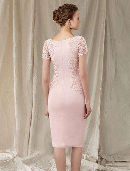 Sheath / Column Mother of the Bride Dress Elegant Jewel Neck Knee Length Lace Fabric Short Sleeve with Appliques