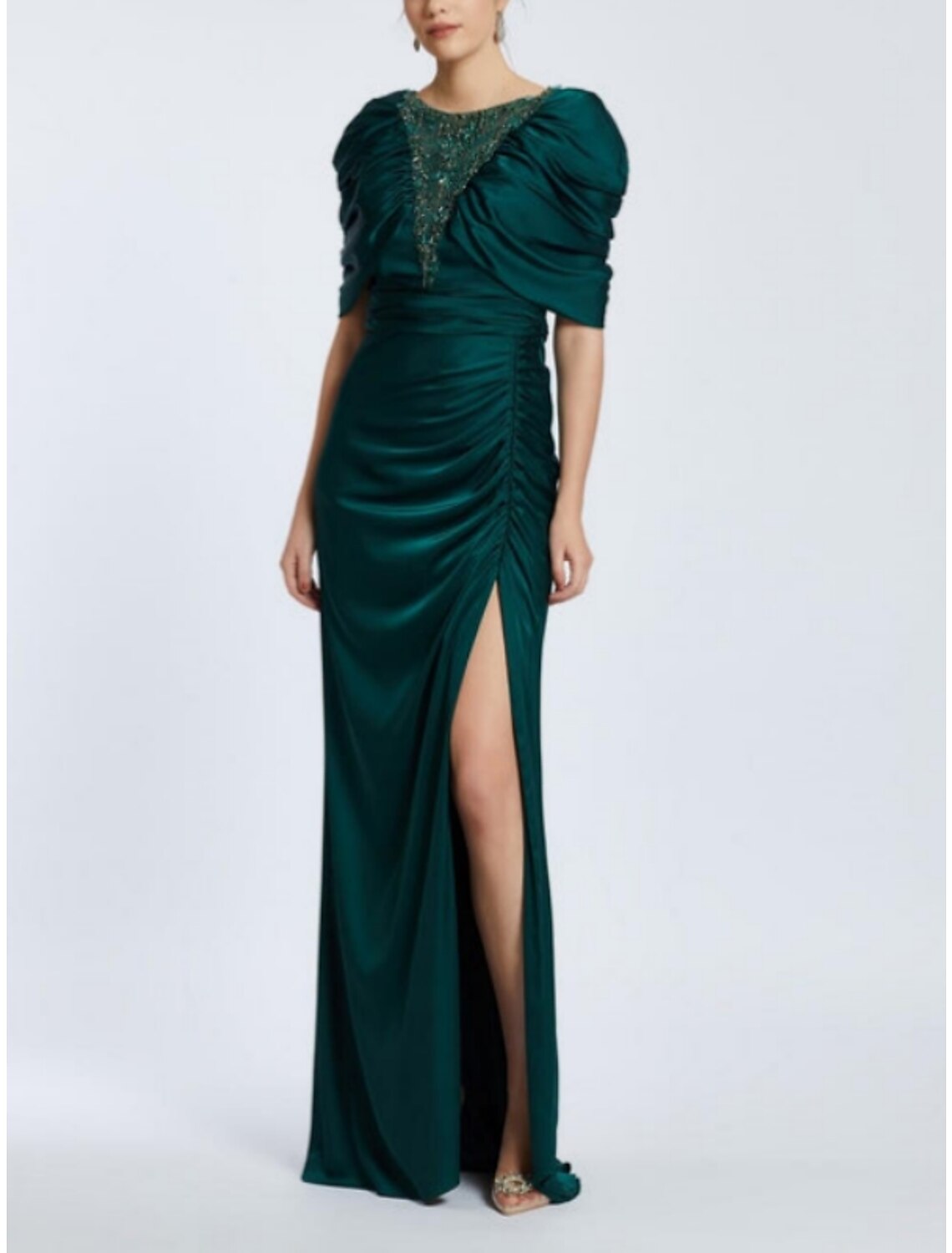 A-Line Evening Gown Elegant Dress Formal Black Dress Plus Size Christmas Floor Length Half Sleeve Scoop Neck Satin with Ruched Sequin Slit