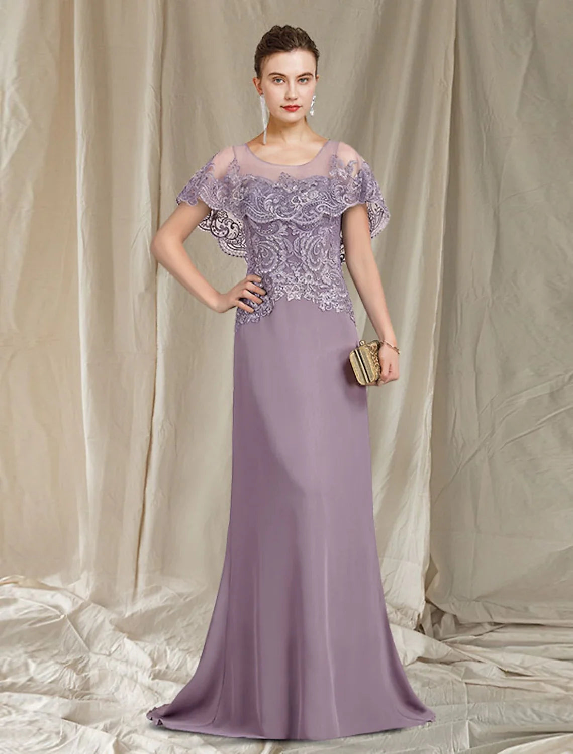 Sheath / Column Mother of the Bride Dress Elegant Jewel Neck Sweep / Brush Train Chiffon Lace Sleeveless with Ruffles Appliques