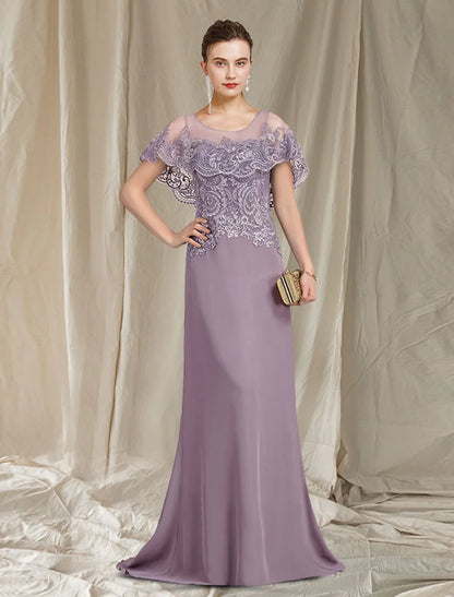 Sheath / Column Mother of the Bride Dress Elegant Jewel Neck Sweep / Brush Train Chiffon Lace Sleeveless with Ruffles Appliques