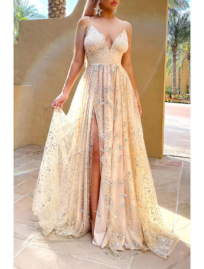 A-Line Prom Dresses Sparkle & Shine Dress Wedding Guest Engagement Sweep / Brush Train Sleeveless V Neck Satin with Pleats Sequin Slit