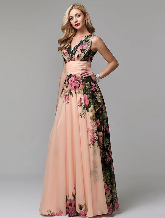 A-Line Party Dress Floral Dress Holiday Wedding Guest Floor Length Sleeveless V Neck Bridesmaid Dress Chiffon with Pattern / Print 2026