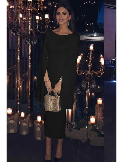 Sheath / Column Wedding Guest Dresses Open Back Dress Party Wear Wedding Party Tea Length Long Sleeve Jewel Neck Fall Wedding Reception Satin Backless with Pure Color