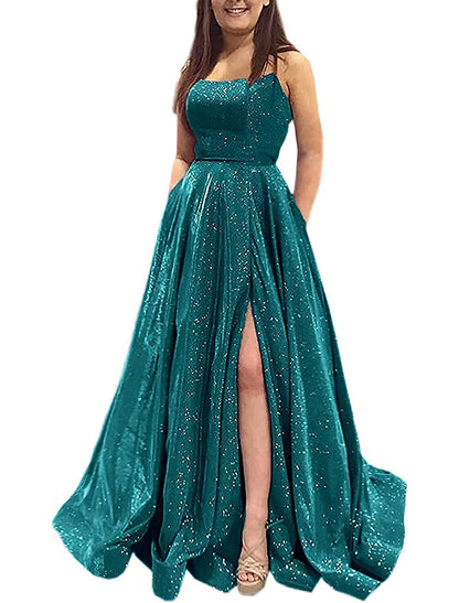 A-Line Prom Dresses Sparkle & Shine Dress Formal Prom Floor Length Sleeveless Strapless Pocket Satin Backless with Slit Pocket