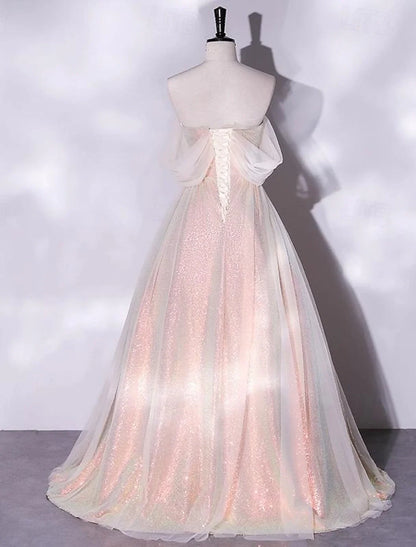 A-Line Prom Dresses Glittering Dress Quinceanera Birthday Floor Length Short Sleeve Off Shoulder Tulle with Ruched