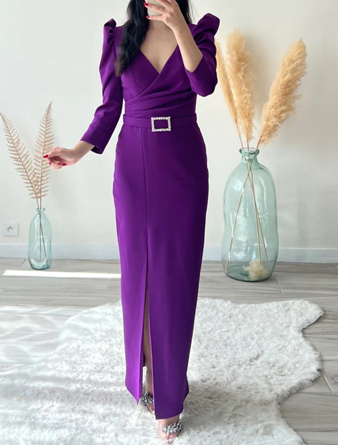 Sheath / Column Evening Gown Purple Cocktail Work Dress Formal Ankle Length Long Sleeve V Neck Fabric with Sash / Ribbon Ruched Slit