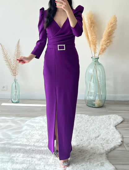 Sheath / Column Evening Gown Purple Cocktail Work Dress Formal Ankle Length Long Sleeve V Neck Fabric with Sash / Ribbon Ruched Slit