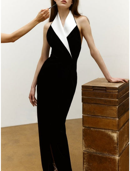 Sheath / Column Evening Gown Elegant Dress Formal Floor Length Black Dress Sleeveless V Neck Imitation Silk with Slit 2026