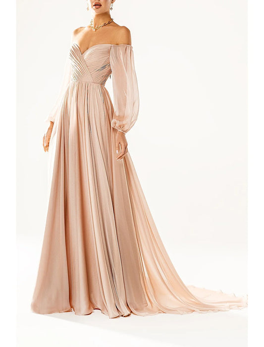 A-Line Party Dress Elegant Sexy Formal Evening Dress Strapless Long Sleeve Court Train Chiffon with Pleats 2026