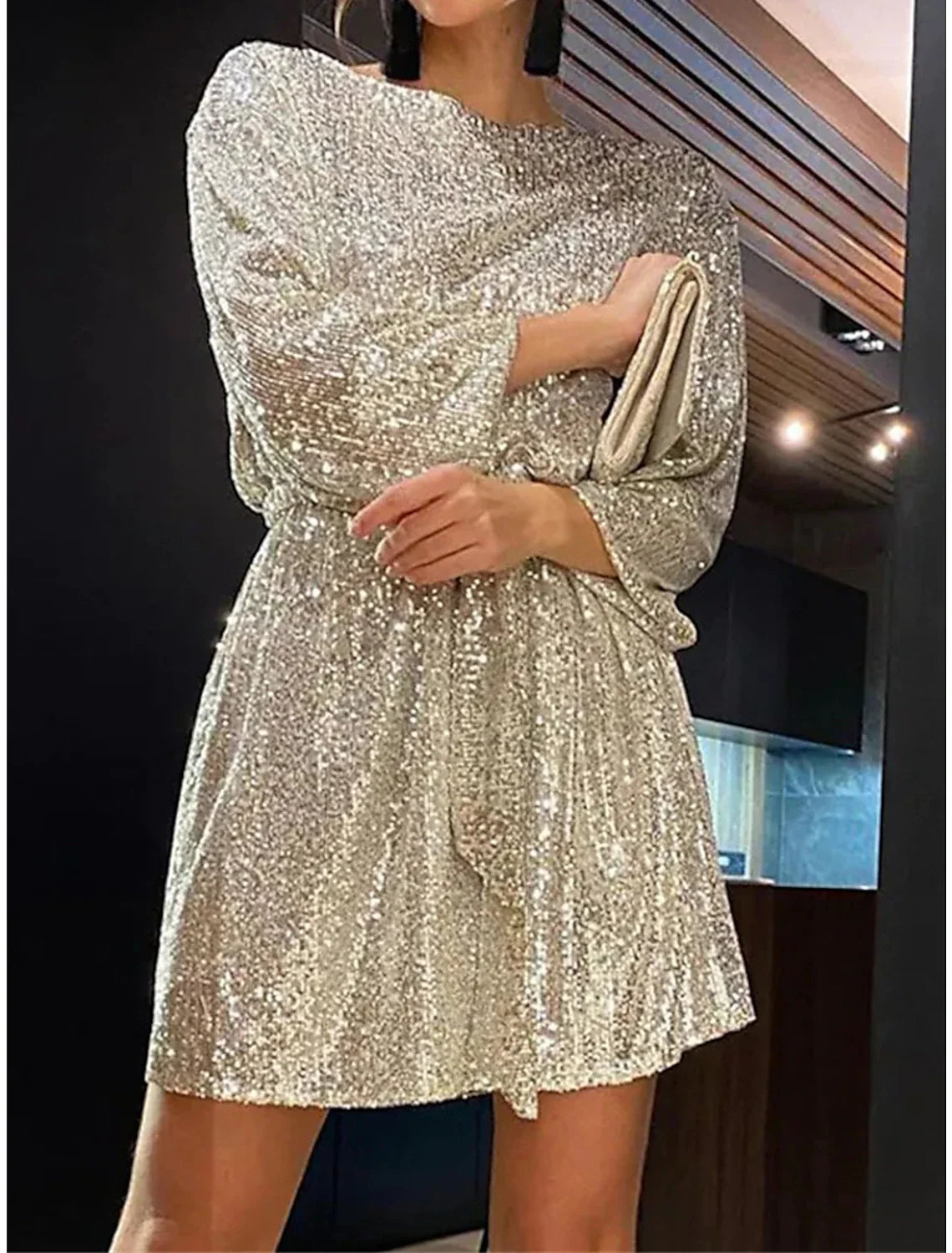 Women's Sequin Dress Party Dress Homecoming Dress Mini Dress Silver Black White Long Sleeve Pure Color Lace up Fall Winter Autumn Crew Neck Red Valentines Dress Winter Dress Valentine's Day Wedding