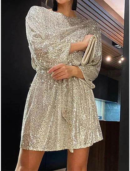 Women's Sequin Dress Party Dress Homecoming Dress Mini Dress Silver Black White Long Sleeve Pure Color Lace up Fall Winter Autumn Crew Neck Red Valentines Dress Winter Dress Valentine's Day Wedding