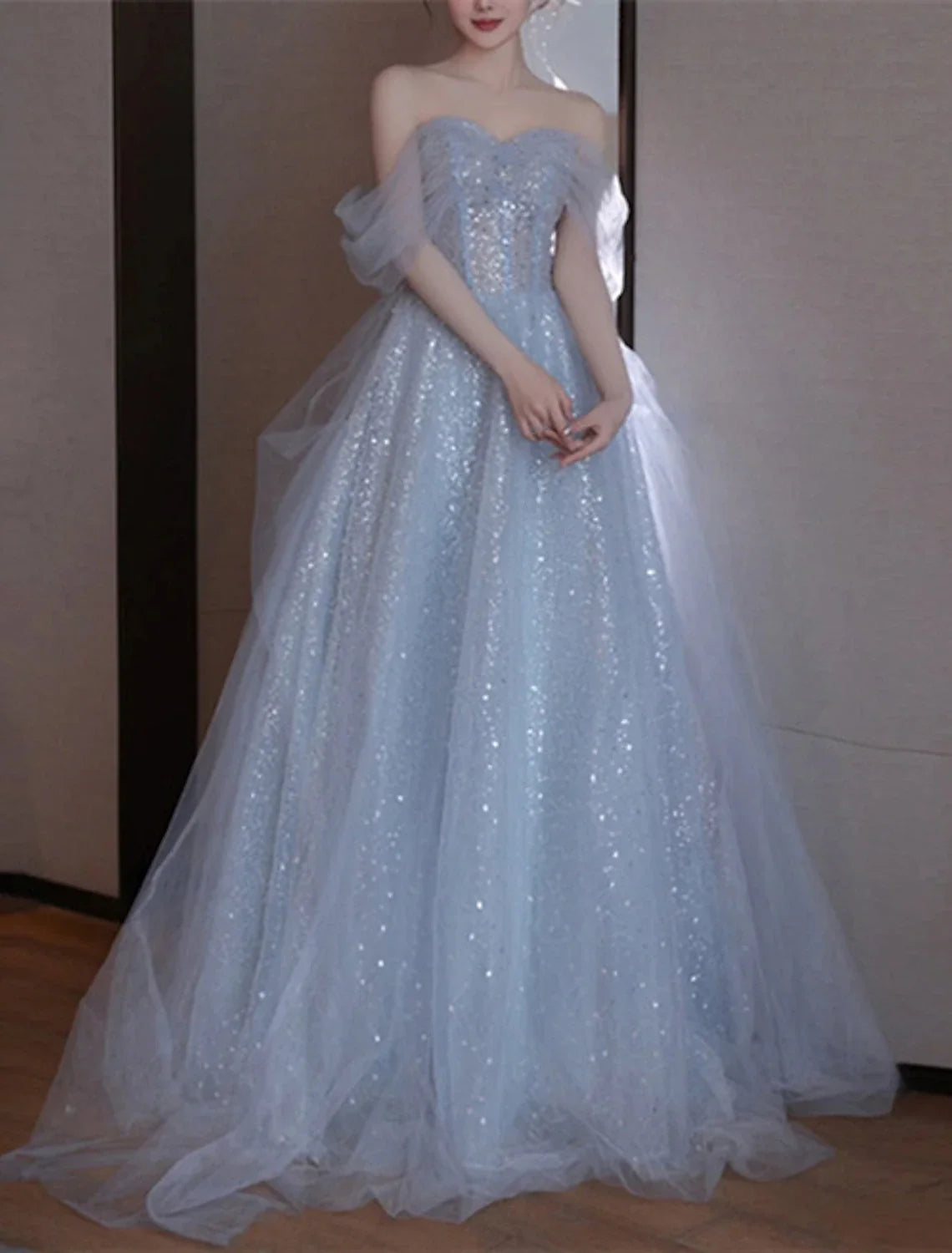 A-Line Party Dresses Sparkle & Shine Dress Wedding Guest Prom Floor Length Sleeveless Off Shoulder Sequined with Sequin