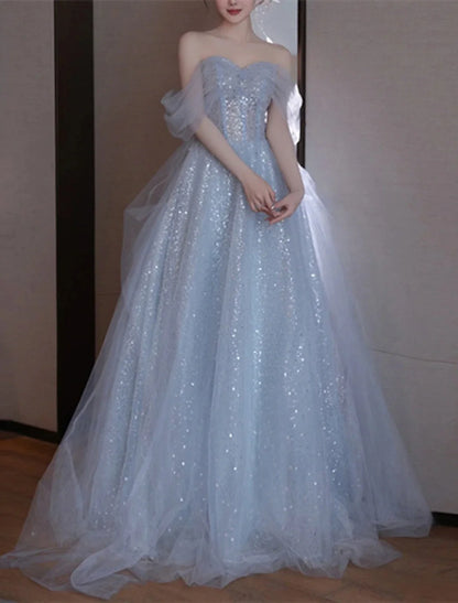 A-Line Party Dresses Sparkle & Shine Dress Wedding Guest Prom Floor Length Sleeveless Off Shoulder Sequined with Sequin