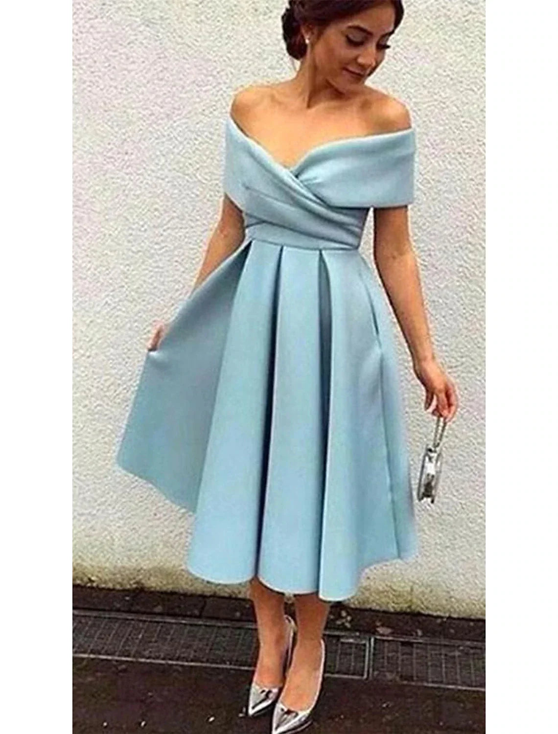 A-Line Cocktail Dresses 1950s Dress Wedding Guest Homecoming Tea Length Short Sleeve V Neck Fabric V Back with Pleats