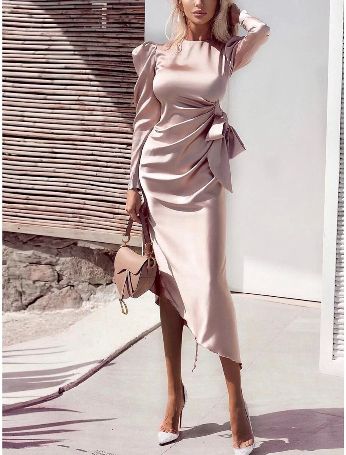 Sheath / Column Cocktail Dresses Party Dress Party Wear Prom Asymmetrical Long Sleeve Jewel Neck Fall Wedding Guest Charmeuse with Draping Pure Color 2026