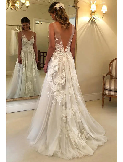Beach Boho Wedding Dresses A-Line V Neck Sleeveless Sweep / Brush Train Lace Bridal Gowns With Appliques Summer Fall Wedding Party Women‘s Clothing
