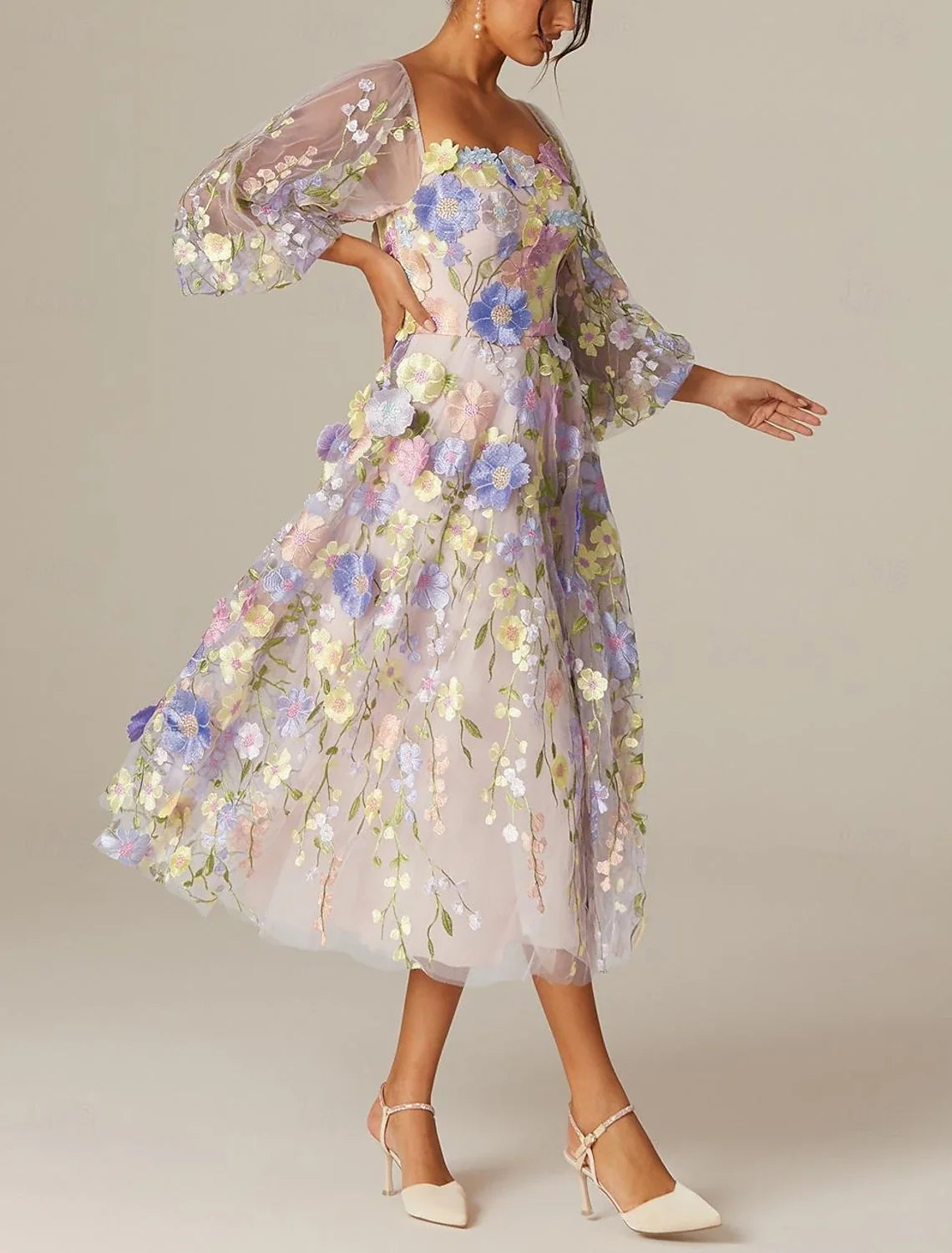 A-Line Prom Dresses Vintage Dress Valentine's Day Prom Tea Length Long Sleeve Square Neck Tulle with Appliques