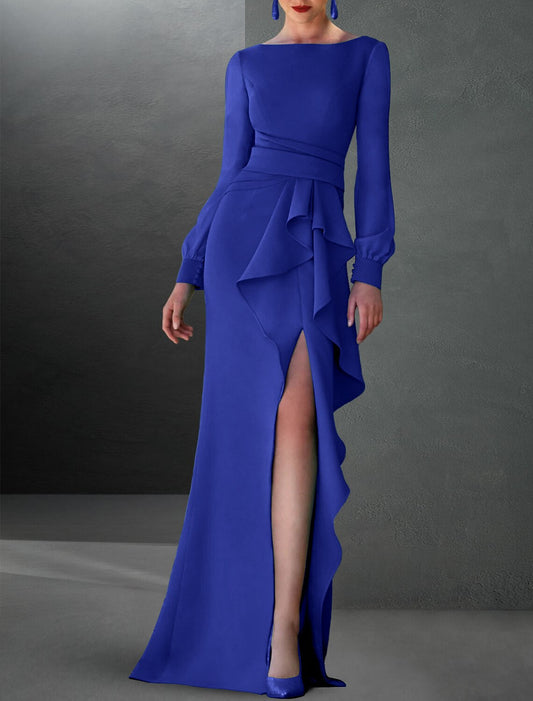 A-Line Evening Gown wedding guest Party Dress Elegant Black Formal Dress Fall Sweep / Brush Train Long Sleeve Jewel Neck Chiffon with Ruffles Slit 2026