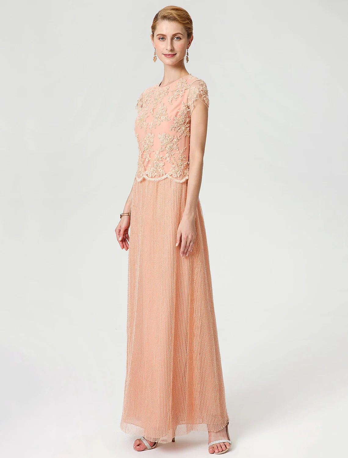 Sheath / Column Mother of the Bride Dress Formal Vintage Inspired Jewel Neck Ankle Length Chiffon Beaded Lace Short Sleeve No with Lace Beading