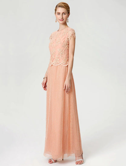Sheath / Column Mother of the Bride Dress Formal Vintage Inspired Jewel Neck Ankle Length Chiffon Beaded Lace Short Sleeve No with Lace Beading