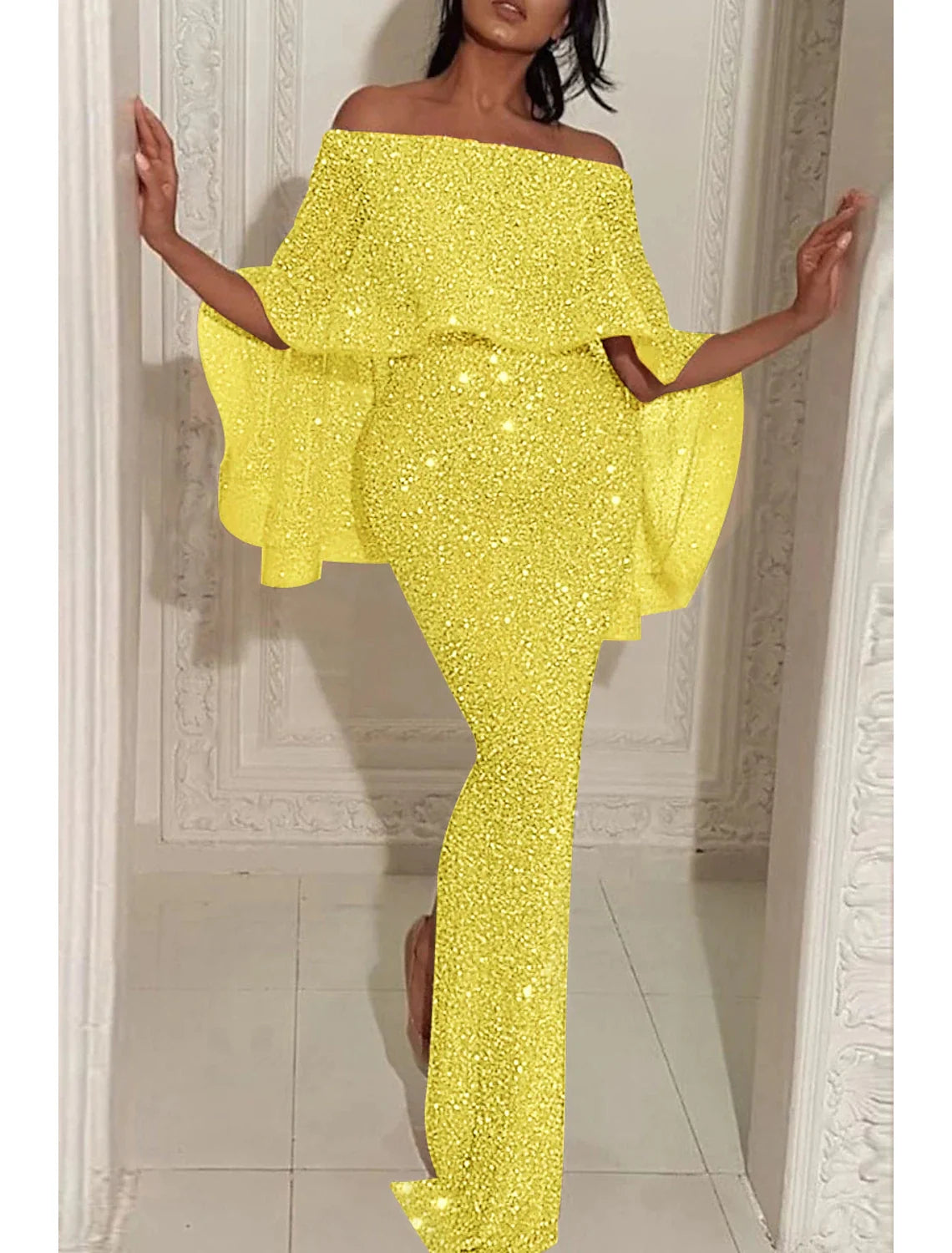 Mermaid / Trumpet Evening Gown Sparkle & Shine Dress Formal Wedding Guest Sweep / Brush Train Sleeveless Off Shoulder Capes Sequined with Sequin Slit 2026