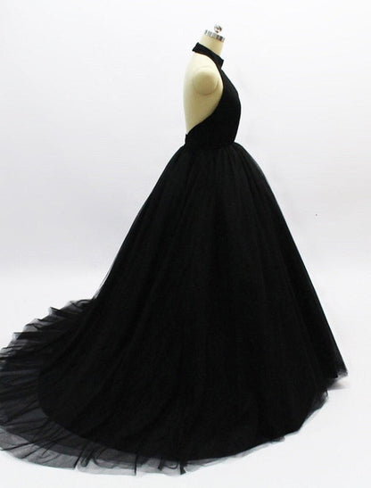 Ball Gown Prom Dresses Open Back Dress Wedding Party Sweet 16 Court Train Sleeveless Halter Neck Tulle Backless with Pleats