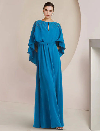 A-Line Mother of the Bride Dress Formal Wedding Guest Elegant V Neck Floor Length Chiffon Sleeveless with Beading
