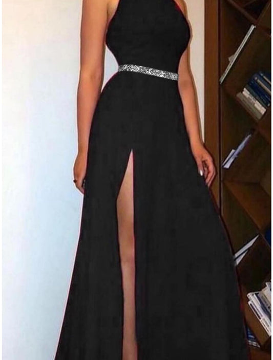 A-Line Evening Gown Elegant Dress Formal Sweep / Brush Train Black Dress Sleeveless High Neck Fabric with Pleats Crystals Slit