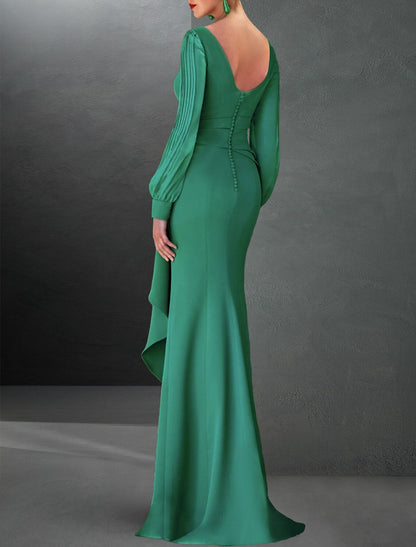 A-Line Evening Gown wedding guest Party Dress Elegant Black Formal Dress Fall Sweep / Brush Train Long Sleeve Jewel Neck Chiffon with Ruffles Slit 2026