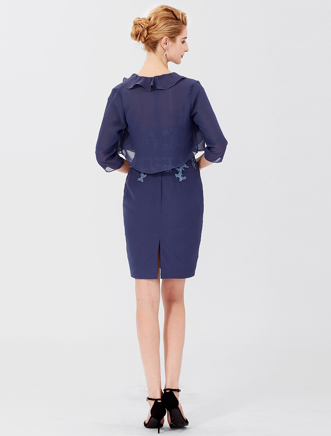 Sheath / Column Mother of the Bride Dress Formal Classic & Timeless Elegant & Luxurious Convertible Dress Illusion Neck Knee Length Chiffon 3/4 Length Sleeve yes with Sash / Ribbon