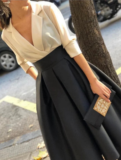 A-Line Evening Gown Elegant Dress Wedding Black Tie Floor Length Long Sleeve V Neck Fall Wedding Guest Satin with Ruched Pocket