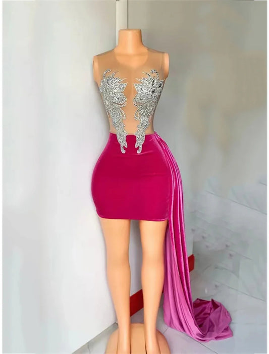 Sheath / Column Cocktail Dresses Sparkle & Shine Dress Carnival Wedding Party Short / Mini Sleeveless Jewel Neck African American Fabric with Beading