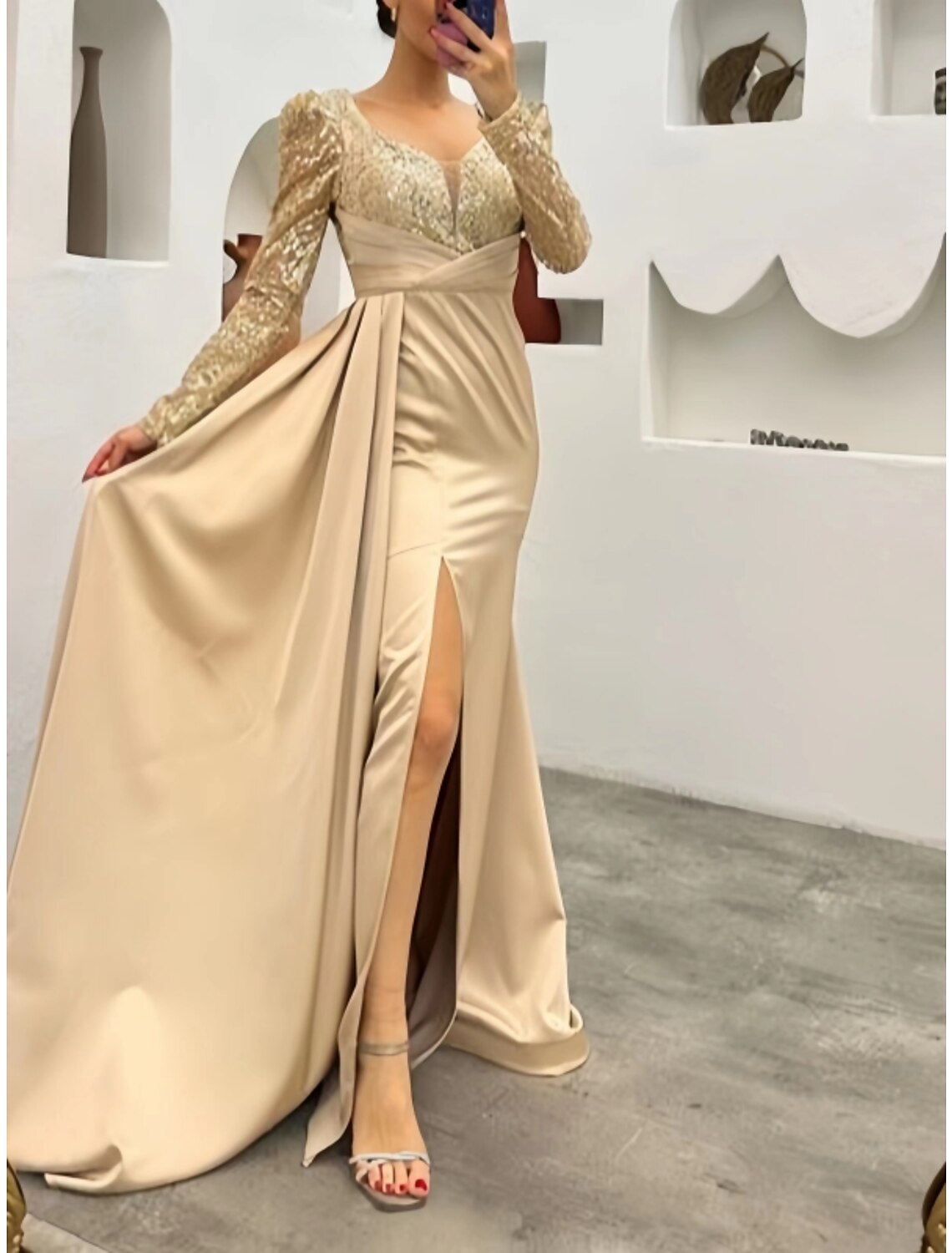 A-Line Evening Gown Elegant Dress Formal Wedding Guest Court Train Long Sleeve Square Neck Satin with Ruched Sequin Slit 2026