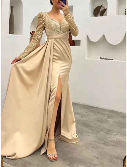 A-Line Evening Gown Elegant Dress Formal Wedding Guest Court Train Long Sleeve Square Neck Satin with Ruched Sequin Slit 2026